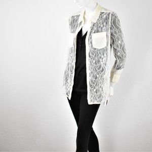Guess Sheer Lace Button Down Blouse Medium